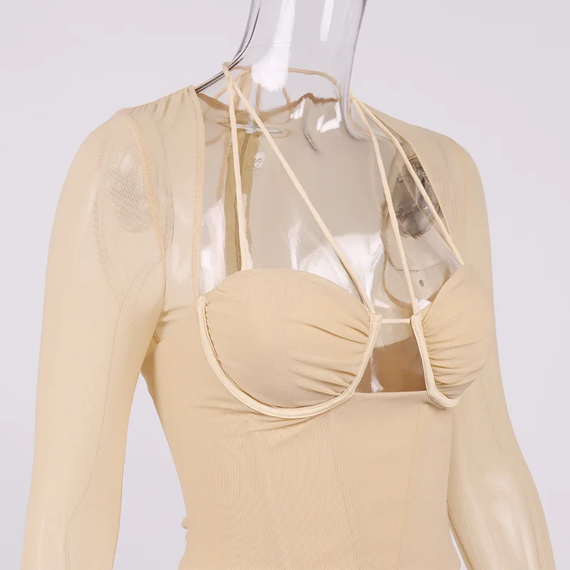 

Street Slim Fishbone Exposed Sexy Mesh Square Neck Hollow Perspective Navel Show T-Shirt Tops Women's Tops Long Sleeves Summer