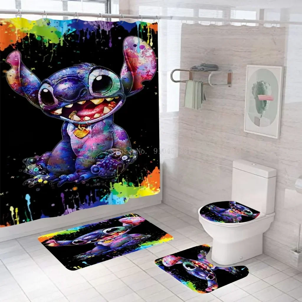 Hot Disney 3D Lilo & Stitch Waterproof Bathroom Shower Curtain in the Bathroom with Hook Set Soft Bath Mat Toilet Carpet Rugs