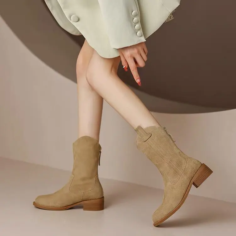

Cowboy Boots for Women Autumn Winter 2023 Vintage Frosted Leather Short Western Flat Bottom Thick Heel Commuter Black Boots