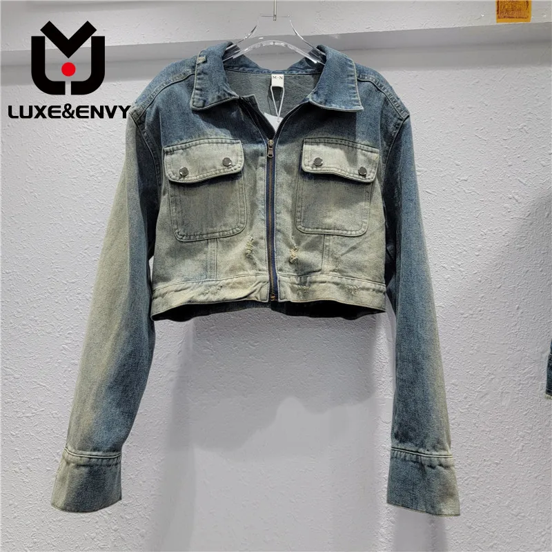 

LUXE&ENVY Retro Vintage Worn-out Denim Jacket Torn Holes, Women's Design Sense New Loose Versatile Zipper Short 2023 Autumn