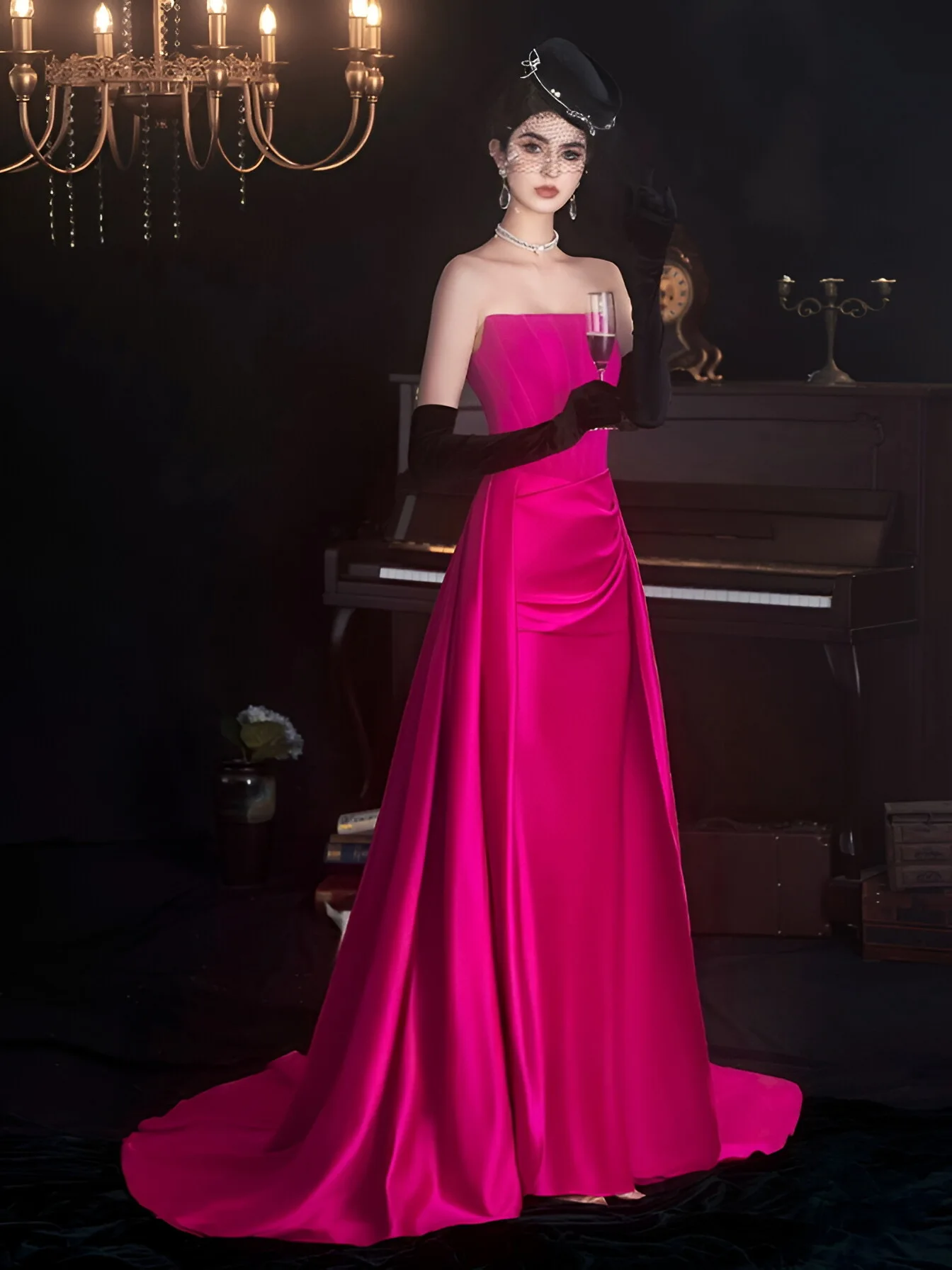 

Rose Celebrity Dresses Strapless Black Long Gloves Ruched Satin 2024 Bride Toasting Clothing Elegant Prom Party Evening Gowns