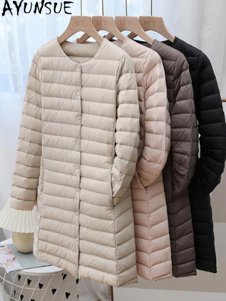 

AYUNSUE Winter Ultra Light Thin White Duck Down Coat Women Autumn Winter Long Slim Warm Basic Puffer Jacket Chamarras Para Mujer