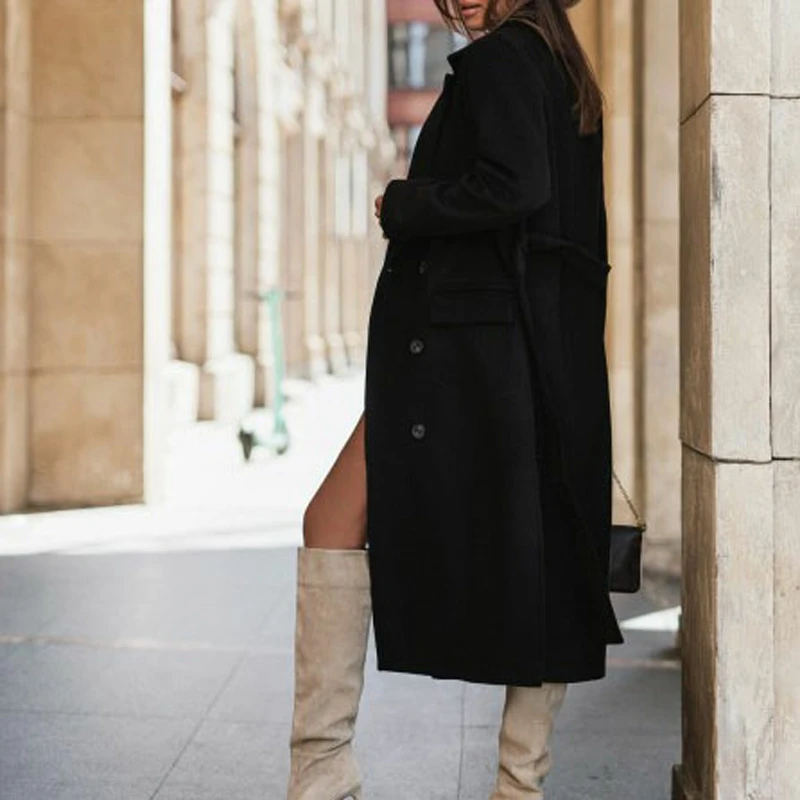Women's Coat Simple Long Sleeve Suit Collar Tie Woolen Long Coat