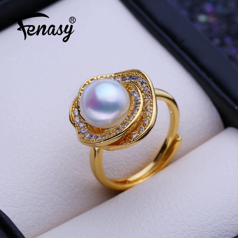 FENASY Natural Freshwater Pearl Rings For Women Bohemian Adjustable Gold Color Emerald Ring Female Party Wedding Jewelry