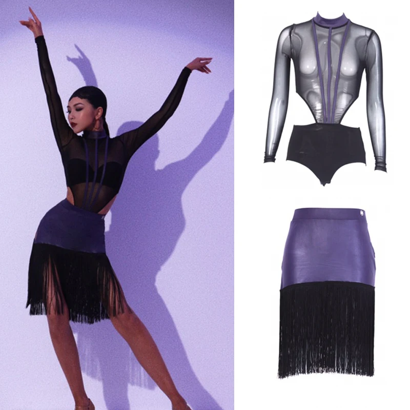 

New Latin Dance Costumes Sexy Mesh Latin Top Fringed Skirt Women Samba Rumba Chacha Ballroom Dance Competition Clothing DWY9476