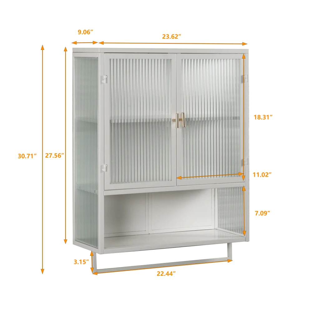 23.62"Glass Doors Modern Two-door Wall Cabinet With Featuring Two-tier Enclosed Storage, An Open Shelf, And Towel Rack, For Entr