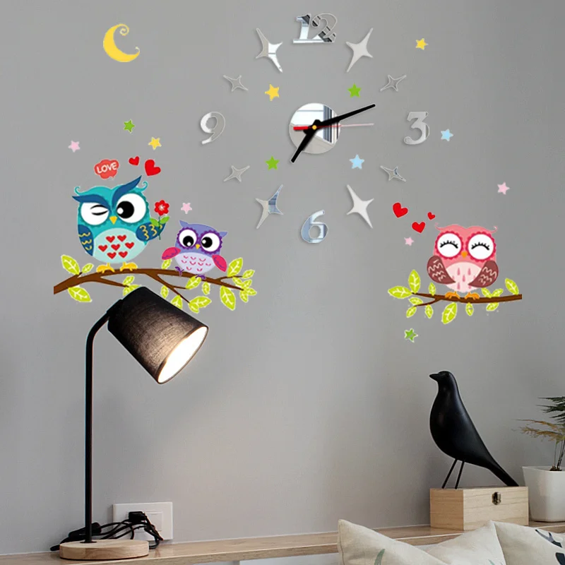 2022 Children'S Room 3D Diy Wall Clock Modern Home Decoration Owl Art Sticker Decal Acrylic Quartz Watch Living Wall Clocks
