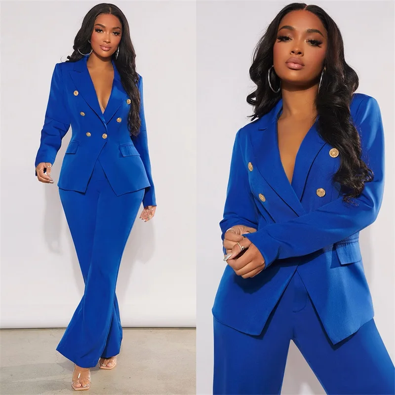 

Royal Blue Women Suit Set Blazer+Pants 2 Pcs Formal Double Breasted Business Office Lady Jacket Tuexdos Prom Dress Custom Made
