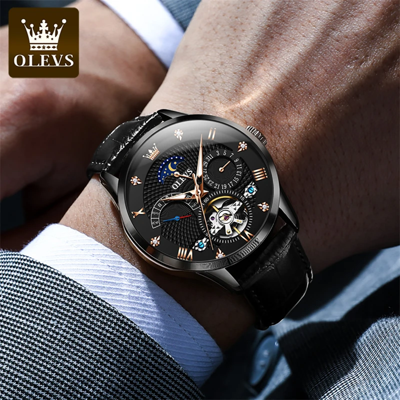 OLEVS Brand New Luxury Tourbillon Mechanical Watch for Men Sport Waterproof Moon Phase Multifunction Fashion Mens Watches