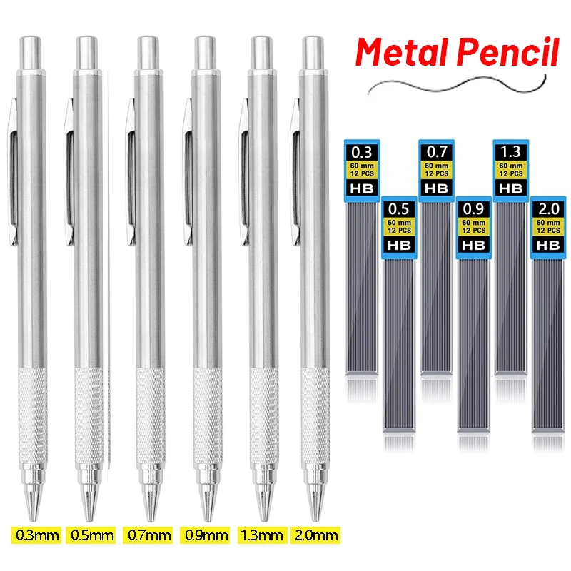 

0.3 0.5 0.9 1.3 2.0mm Metal Mechanical Pencil Set with HB Leads Art Drawing Painting Automatic Pencil Office School Stationary