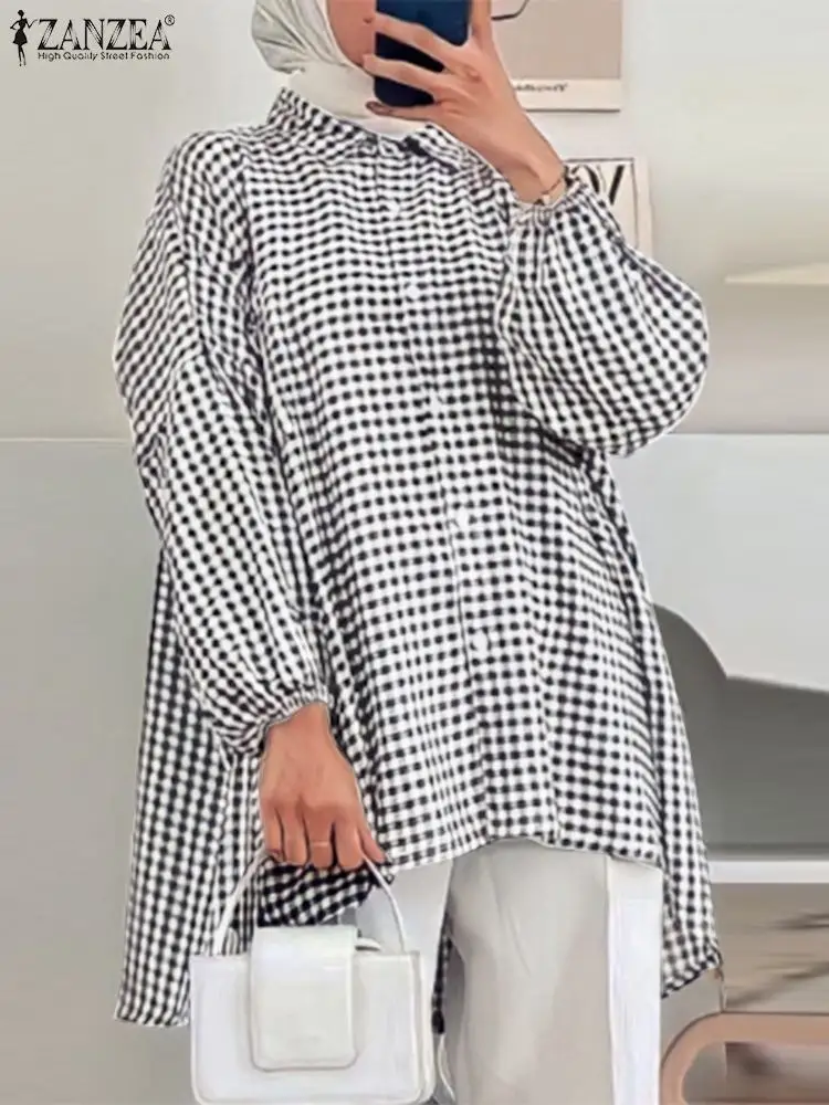 

2023 ZANZEA Vintage Women Polka Dot Printed Shirt Autumn Lapel Neck Long Sleeve Blouse Casual Loose Abaya Hijab Muslim Tops