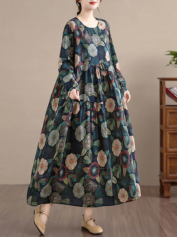 Cotton Long Sleeve Print Vintage Dresses Women 2025 Spring Autumn Casual Loose Long Dress Office Lady Vestidos Elegant Clothing