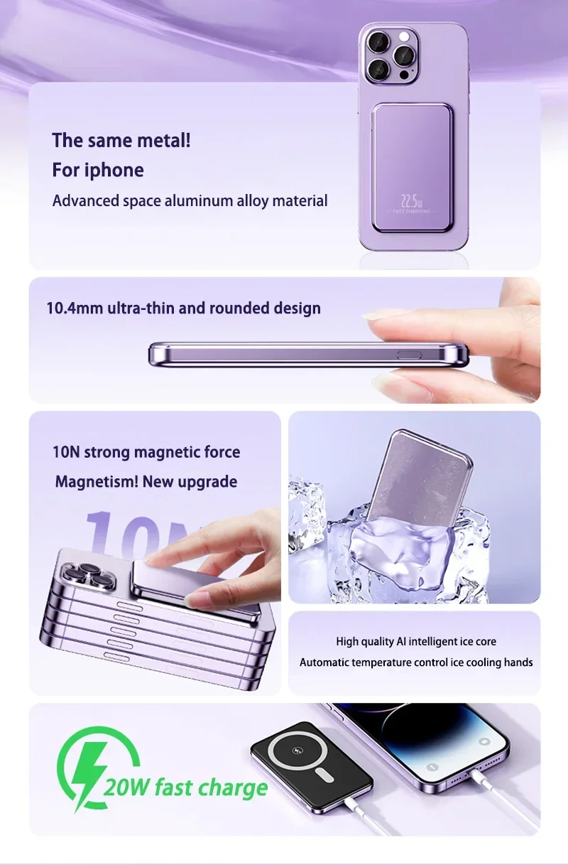 Ultra Slim Mac Safe Super Fast Charging Auxiliary Battery 50000mAh Magnetic Char