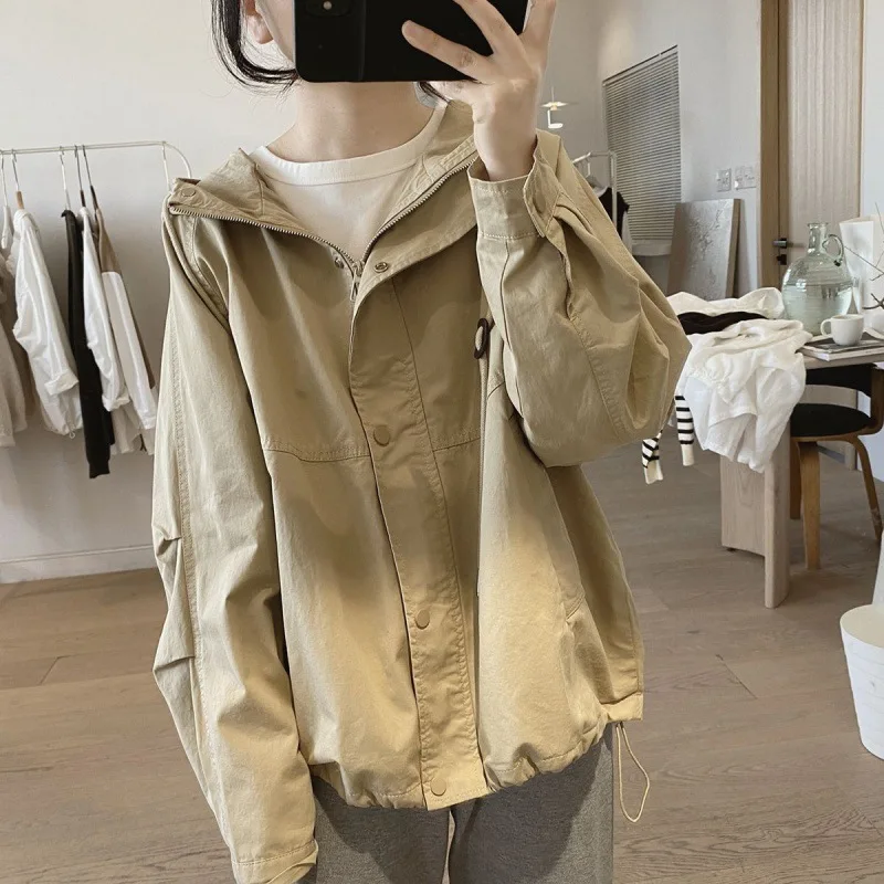 2023 New Spring Autumn Short Coat Women Workwear Loose Retro Slim Hooded Simple Given To Philandering Raglan Sleeve Female Top streetwear overalls retro loose pink workwear denim pants women 2023 fall new american straight wide leg ankle tied jeans mujer