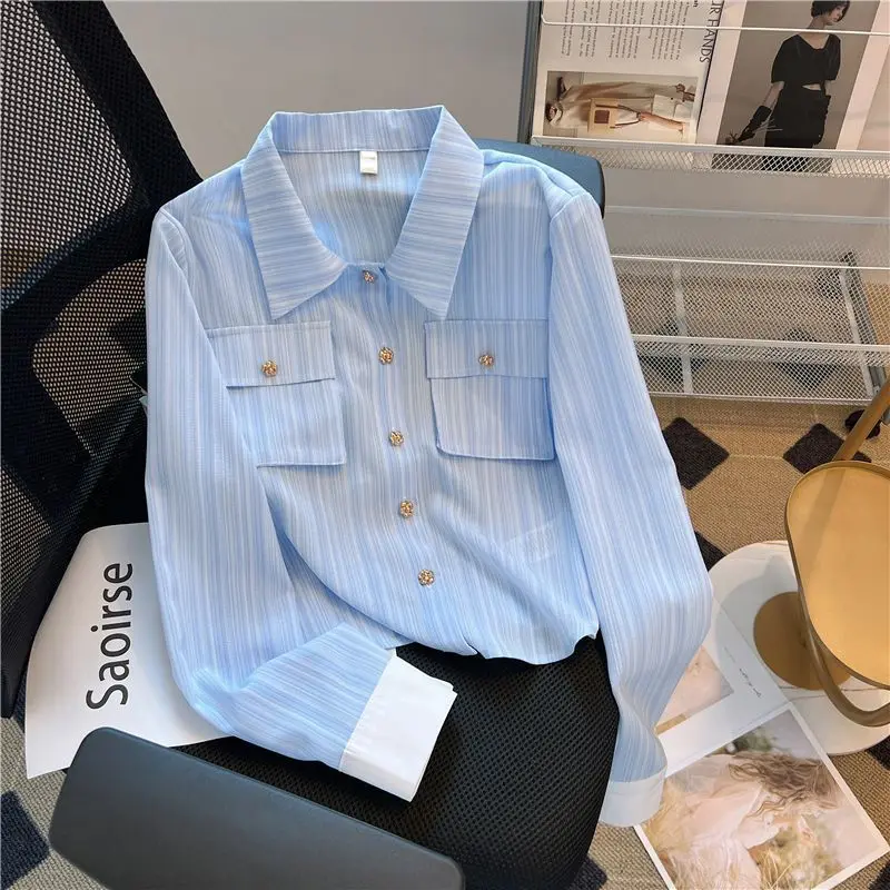 

Spring Autumn New Women's Color Block Button Pockets Vintage Simplicity Loose Long Sleeve Commuter Blue Stripes Shirt Tops