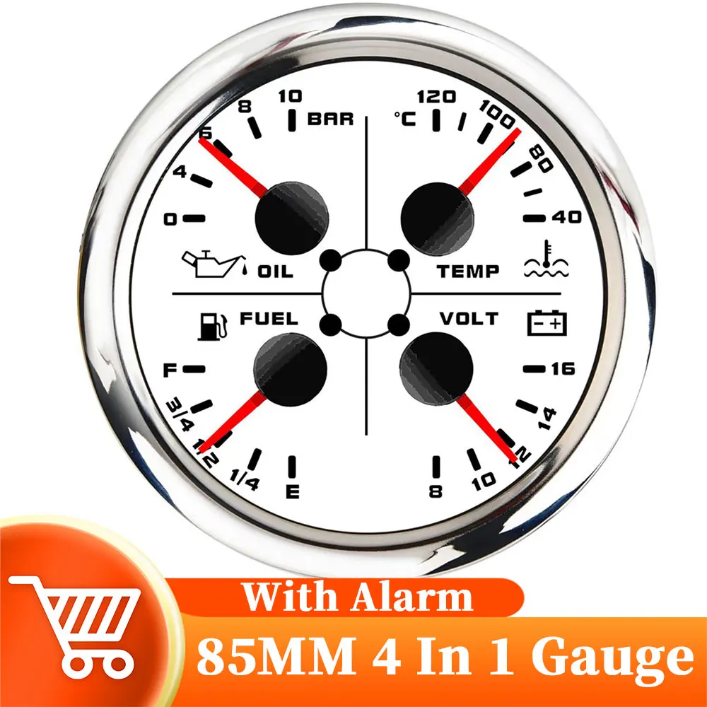 85mm Water Temp + Oil Pressure + Fuel Level + Voltage Gauge 4 In 1 Meter With Alarm Oil Press Sensor 1/8NPT For Car Boat Yacht