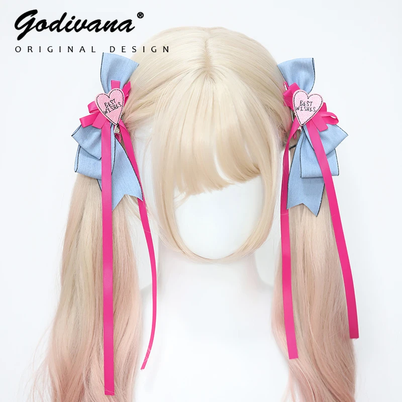 Dopamine Pink Blue Contrast Color Barrettes Hot Girl Lolita Hair Accessories Love Ribbon Fashion Hairclips Sweet Hair Clips claudine longet love is blue 1 cd