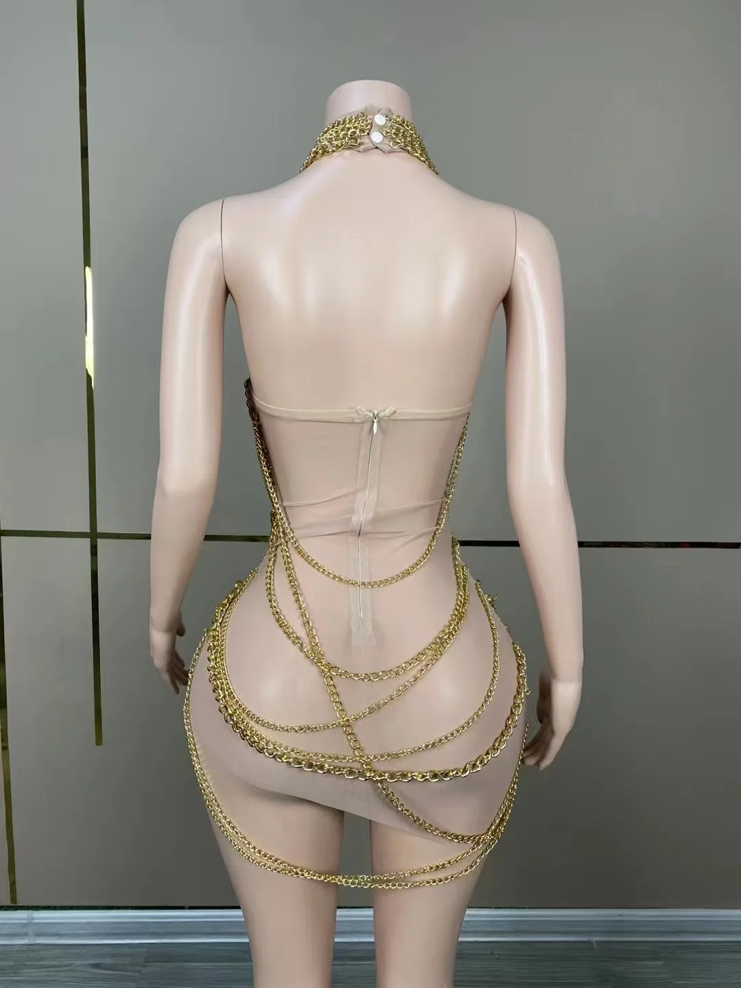 Sexy Luxury Dress Women Shiny Gold Chain Dress Silver Stage Talent Performance Birthday Celebration Party Dance