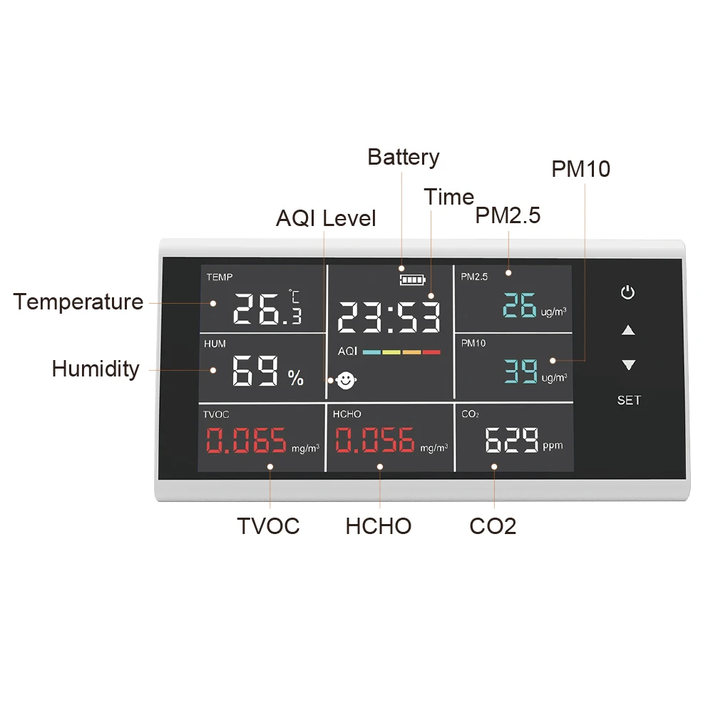 Multi-function Air Quality Monitor 9-in-1 CO2/PM2.5/PM10/HCHO/TVOC/AQI Temperature Humidity Monitor Indoor CO2 Gas Detector