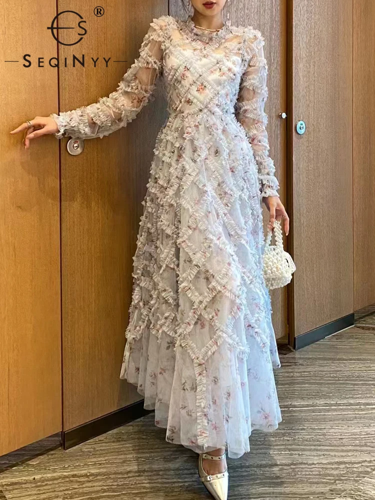 

Женское платье-миди с оборками SEQINYY, элегантное модельное винтажное Сетчатое платье-трапеция в стиле High Street, новинка весны-лета