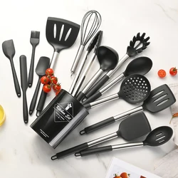 15 - Piece Silicone Kitchen Utensil Set with Stainless Steel Handles and Storage Bucket (Black)