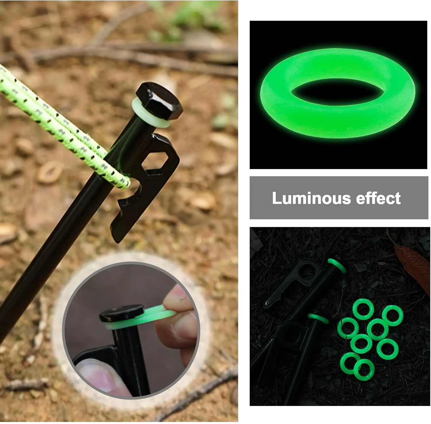 Piquets de tente luminescents silicone vert pour pêche nocturne et camping sécurisé