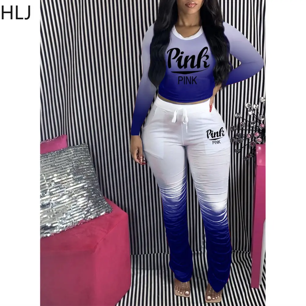 

HLJ Casual PINK Letter Gradient Print Two Piece Sets Women O Neck Long Sleeve Top + Stacked Pants Tracksuits Female 2pcs Outfits