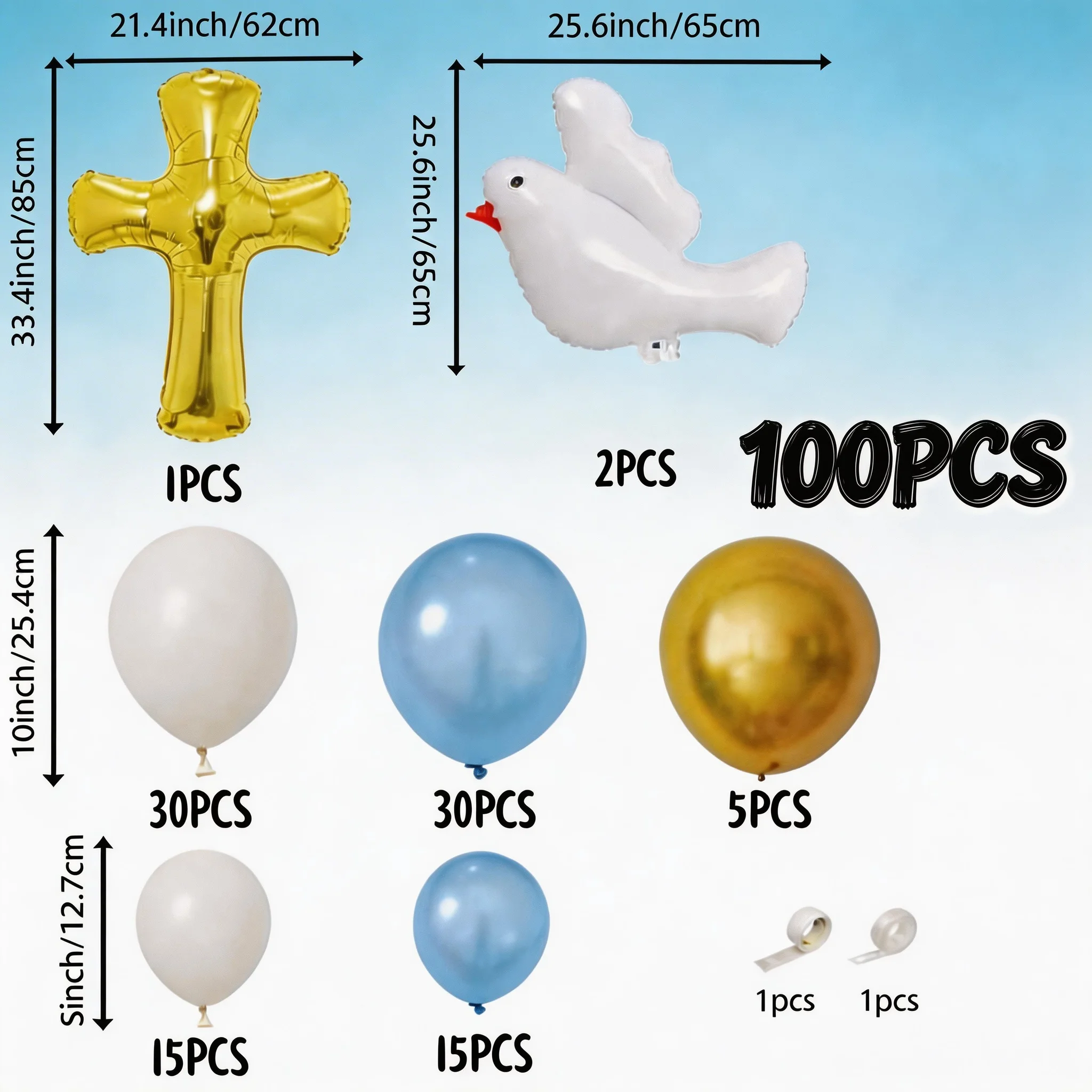 100-teiliges Ballonbogen-Set mit Gottes- und Gebetsthema, blaue und weiße goldene Ballonkette, Tauben- und Kreuz-Aluminiumfolienballons, für Taufe/Erstkommunion/Baby-100-Tage-Feier, Party-Hintergrunddekoration – Detail 10