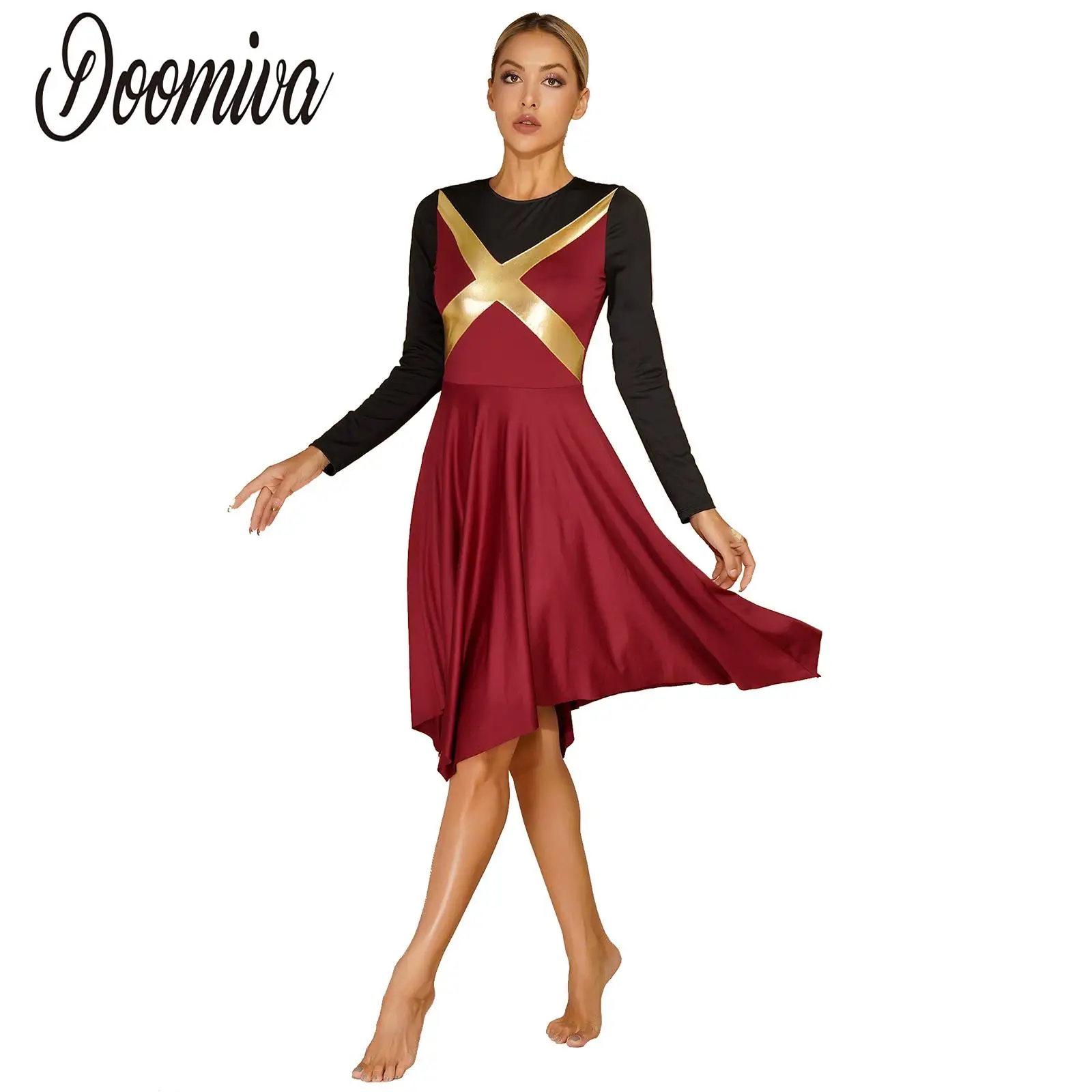 

Liturgical Praise Dance Worship Costume for Women Color Block Long Sleeve Irregular Hem Dress Ballet Lyrical Ballroom Dancewear