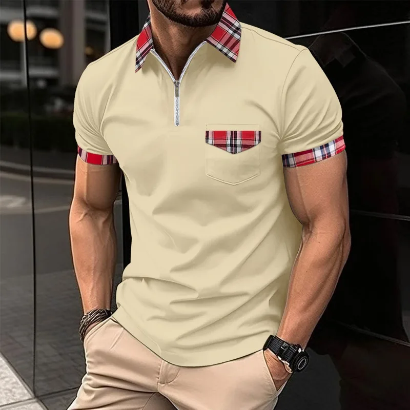 Polo da uomo a quadri con cerniera e tasche, maglietta estiva casual sportiva a maniche corte