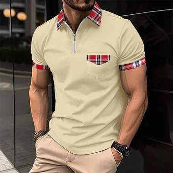 Polo da uomo a quadri con cerniera e tasche, maglietta estiva casual sportiva a maniche corte
