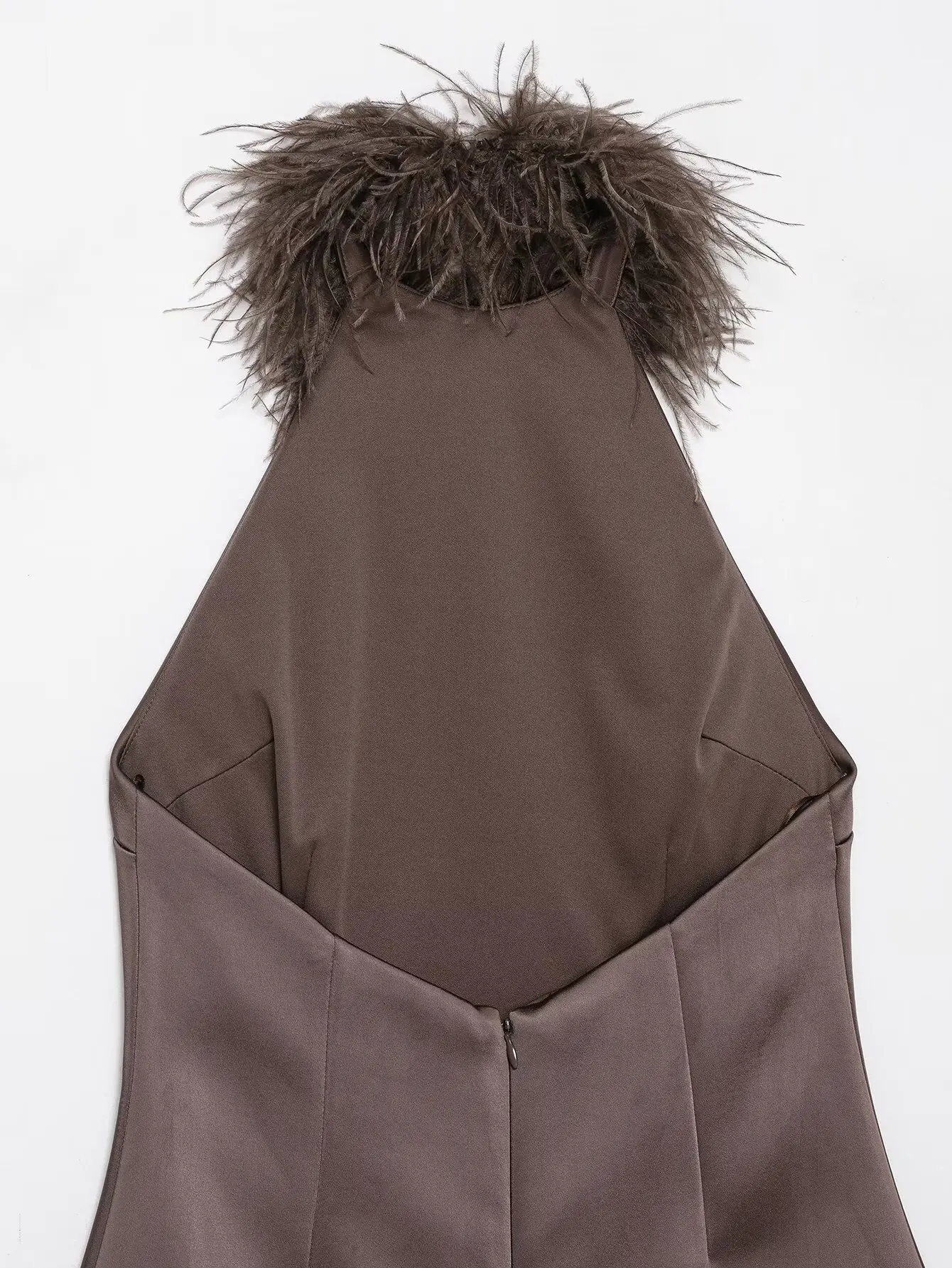 Women Furry Neck Mini Dress Female Coffee Fashion Backless High Street Short Dress Lady Elegant Solid Feather Splice Party Dress