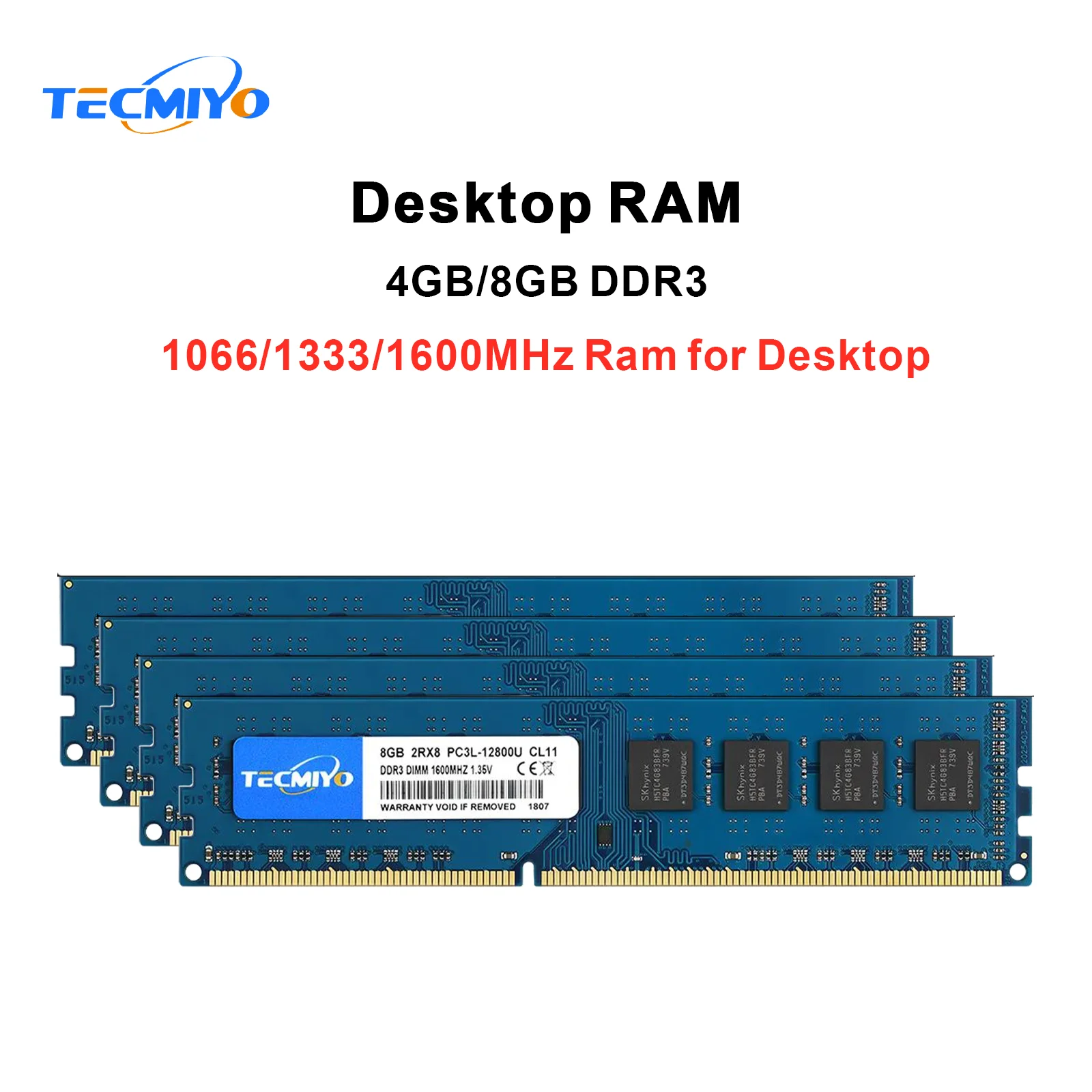 Tecmiyo-memória Desktop Azul Não-ecc Ddr3 Ddr3l 4gb 8gb 1600mhz 1.35v 1.5v Pc3 Pc3l12800u Pc3-10600u Pc38500u 1pc