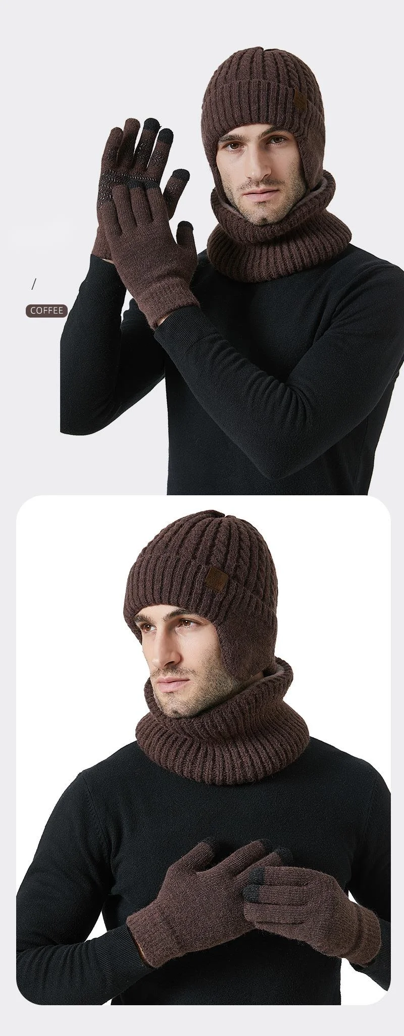 Nouveau bonnet tricoté en velours pour protection des oreilles, écharpe, gants pour écran tactile, combinaison chaude, bonnet en laine chaud d'extérieur pour hommes_voghion.com