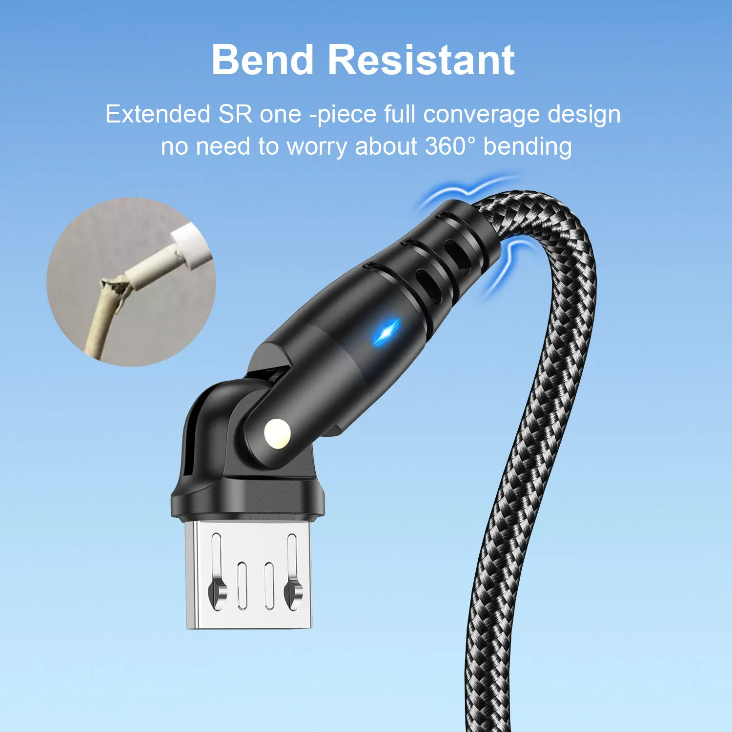 USLION LED 3A Micro USB Cable For Samsung Xiaomi Andriod Mobile Phone Fast Charging Wire 180 Rotate Micro USB Charge Data Cable