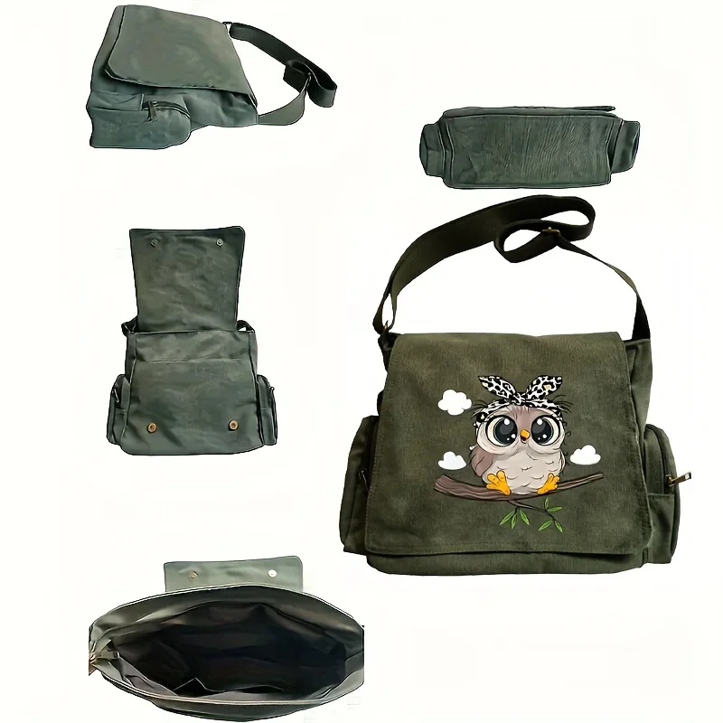 Women's Cute Owl Print Shoulder Bags Multiple Pockets Buckle Crossbody Bag Canvas Messenger Bag Daily Travel