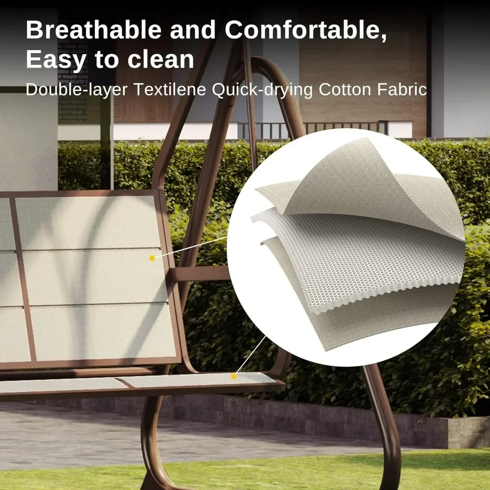 3-Person Outdoor Patio Swing Chair with Adjustable Canopy, Porch Swing with Comfortable and Breathable Seats, Outdoor Swing 3