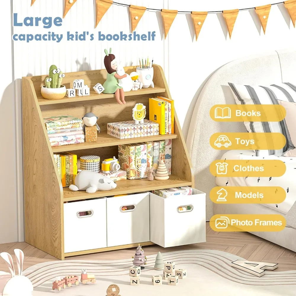 Kids Bookshelf and Toy Organizer, Wooden Kids Bookcase, Toddler Montessori Bookshelf with 3 Movable Drawers, Toy Storage 5