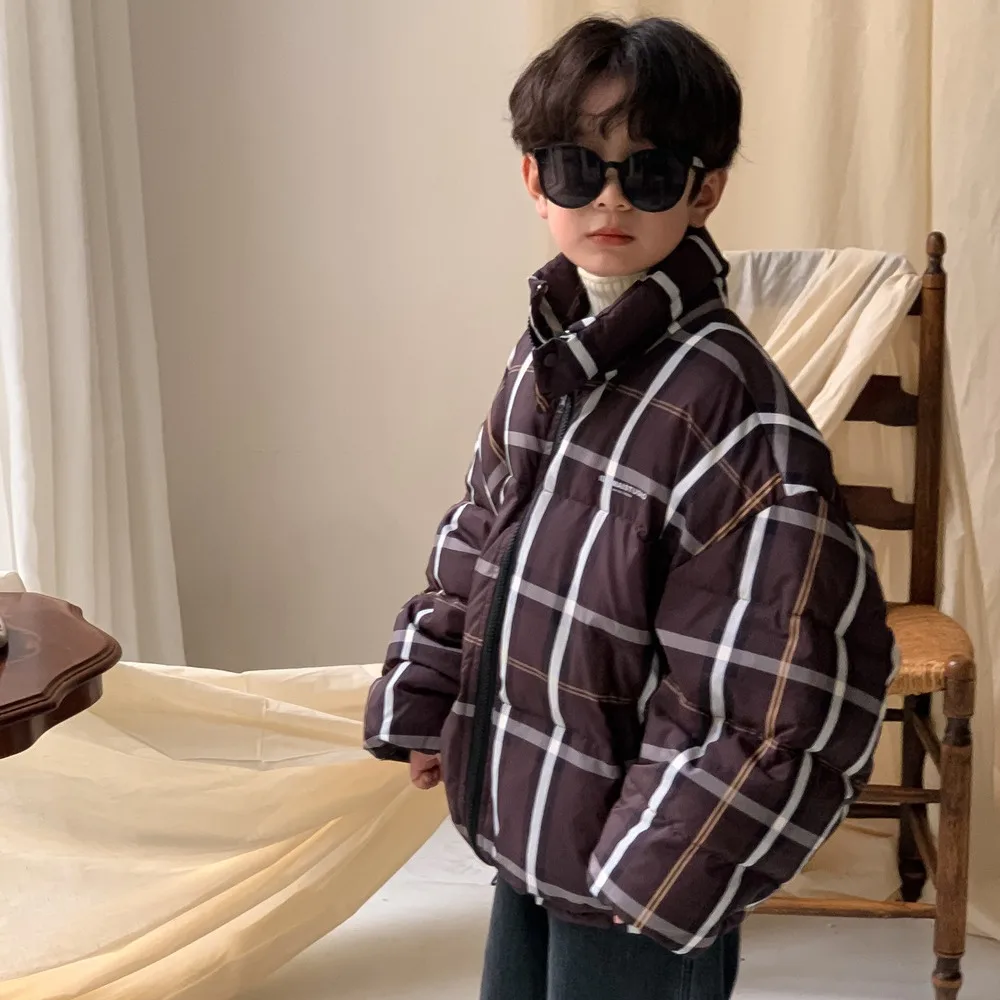 

Autumn Winter Baby Boy Down Jacket Plaid Thicken Warm Toddler Boy Snowwear Coat Loose Zipper Long Sleeve Kid Boy Jacket