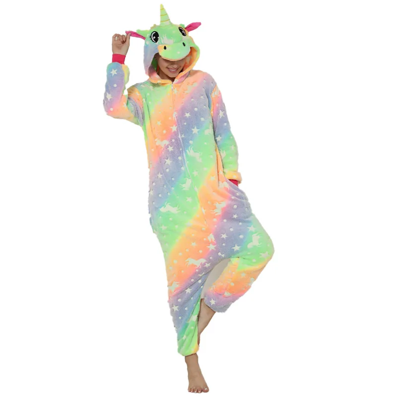 For Adult Rainbow Sleepwear Halloween Cosplay One Piece Pajamas Nightgowns Hooded Long Sleeve Thicken Casual Jumpsuit Tail