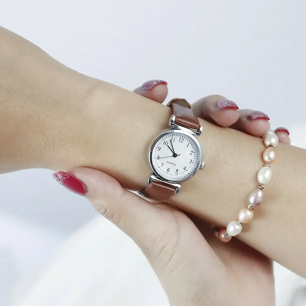 Elegant Women's Retro Quartz Watch with Black and Red Leather Strap