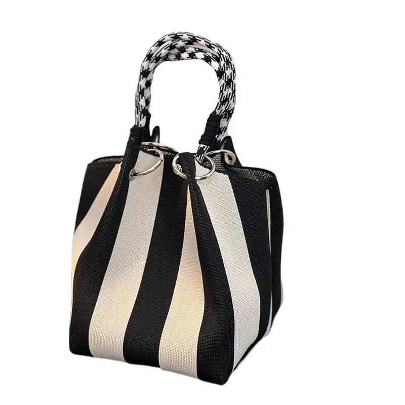 Colorful Stripe Handbag Large Capacity Bucket Rope Knot Spring Autumn Travel Versatile Soft Polyester Lining Mobile Phone Bag