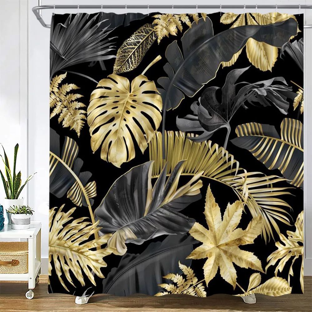 

Luxury Black Gold Leaves Shower Curtains Tropical Plant Palm Leaf Monstera Flowers Home Hanging Curtain Bathroom Decoration Set