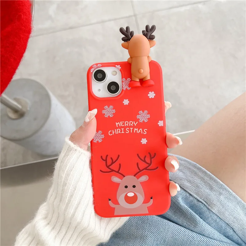 3D Doll Cartoon Merry Christmas Santa Reindeer Tree Soft Case for