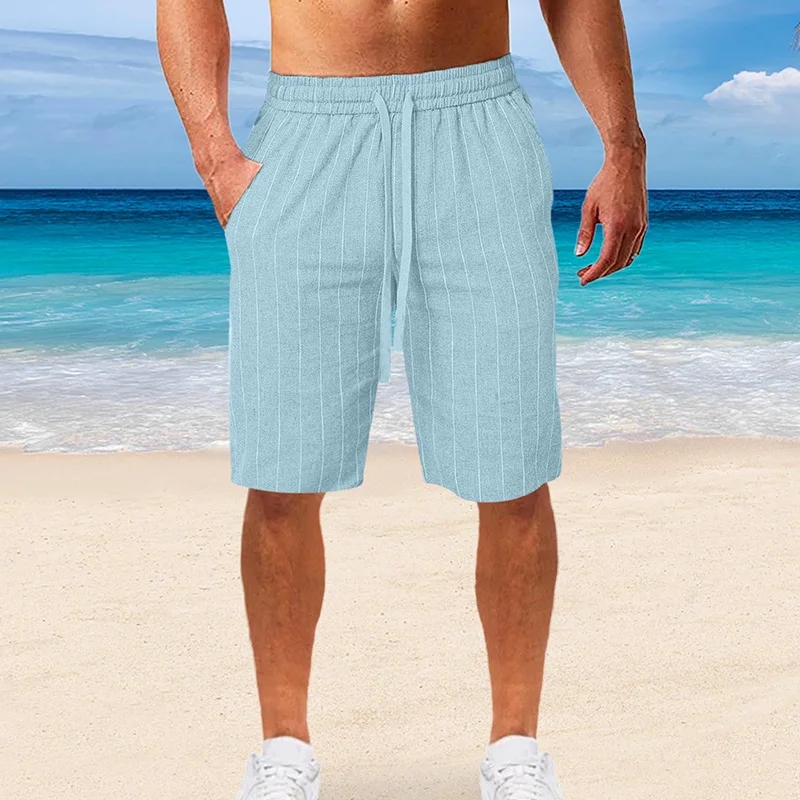 

Summer Men Striped Shorts Running Drawstring Beach Pocket Shorts Elastic Waist Mid Waist Fashion Casual Swim Trunks