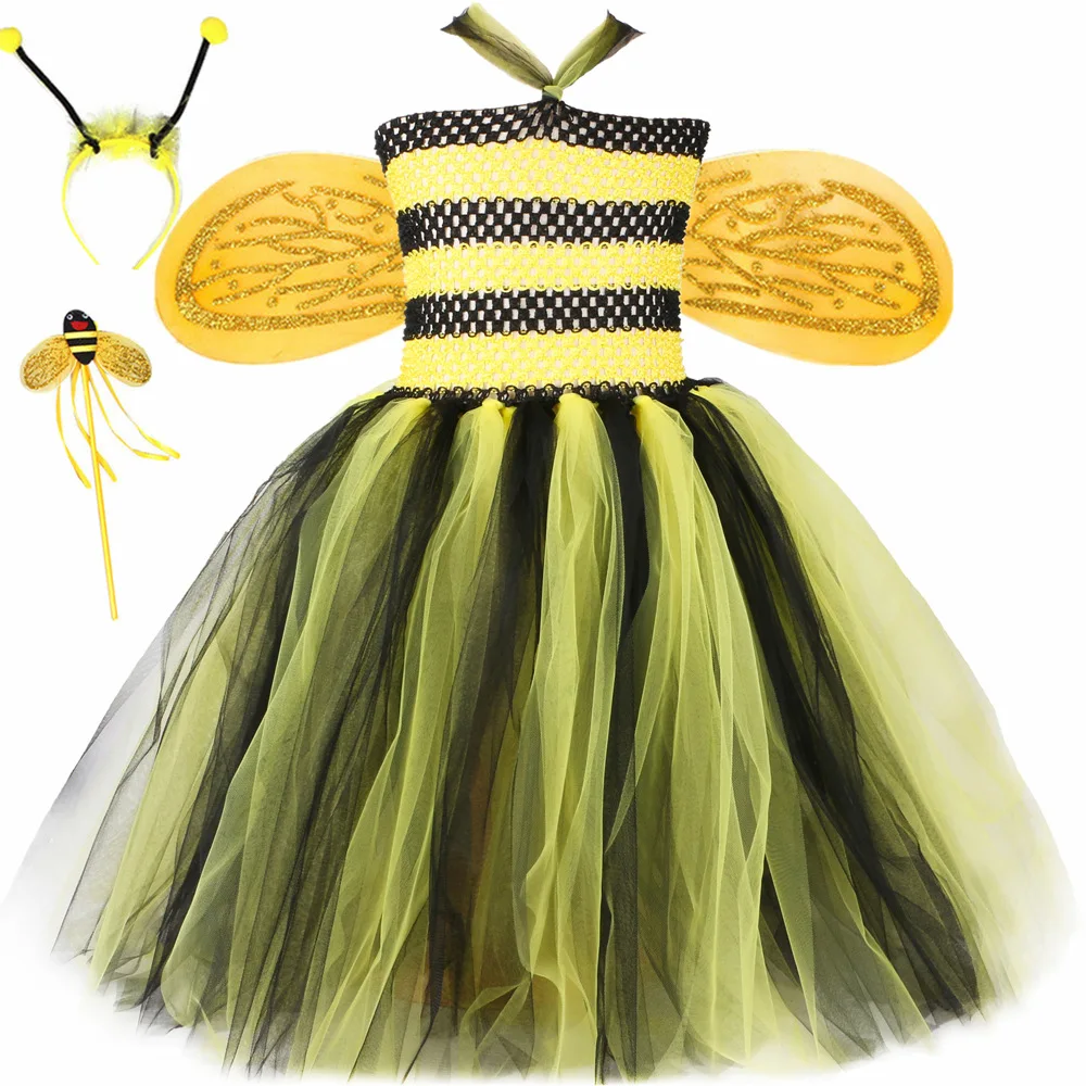 

Honeybee Long Tutu Dress for Baby Girls Bumble bee Halloween Costumes for Kids Girl Fairy Dresses with Bee Wings Outfits