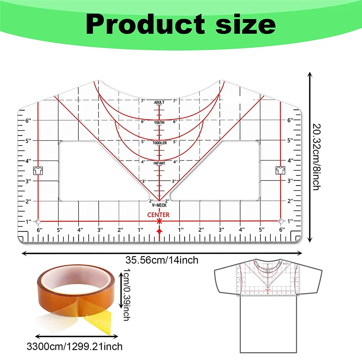 Tshirt Ruler Guide for Vinyl Alignment, T Shirt Ruler to Center Design Tshirt Measurement Tool with Heat Tape