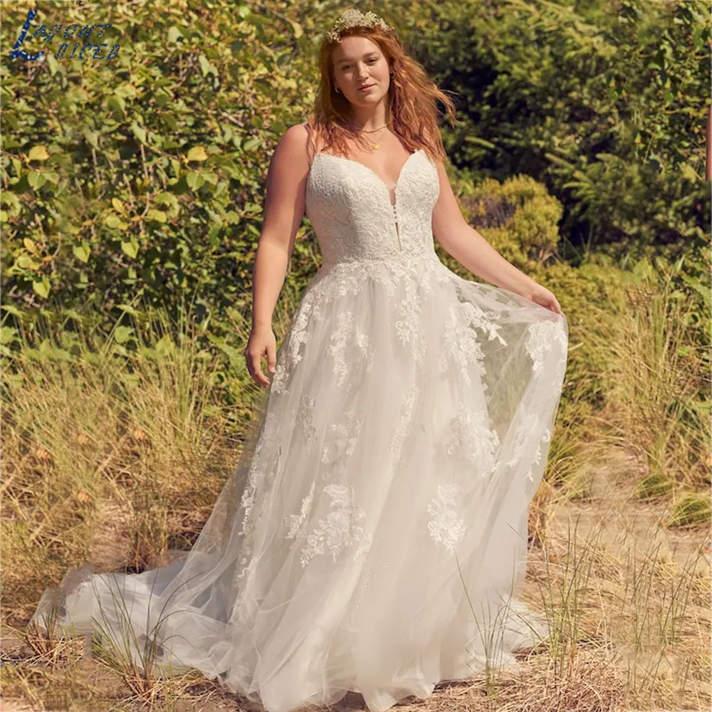 

LAYOUT NICEB Appliques A-Line Tulle Wedding Gown Sleeveless Backless Bride Dress Custom Made Button vestido de boda para fiestas