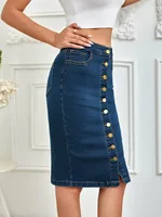 2025 Spring New Women's Summer Front Multi-Button Denim Skirt Fashion Elastic Knee Length Slim Hip-hugging Jeans Pencil Skirt - Image 6