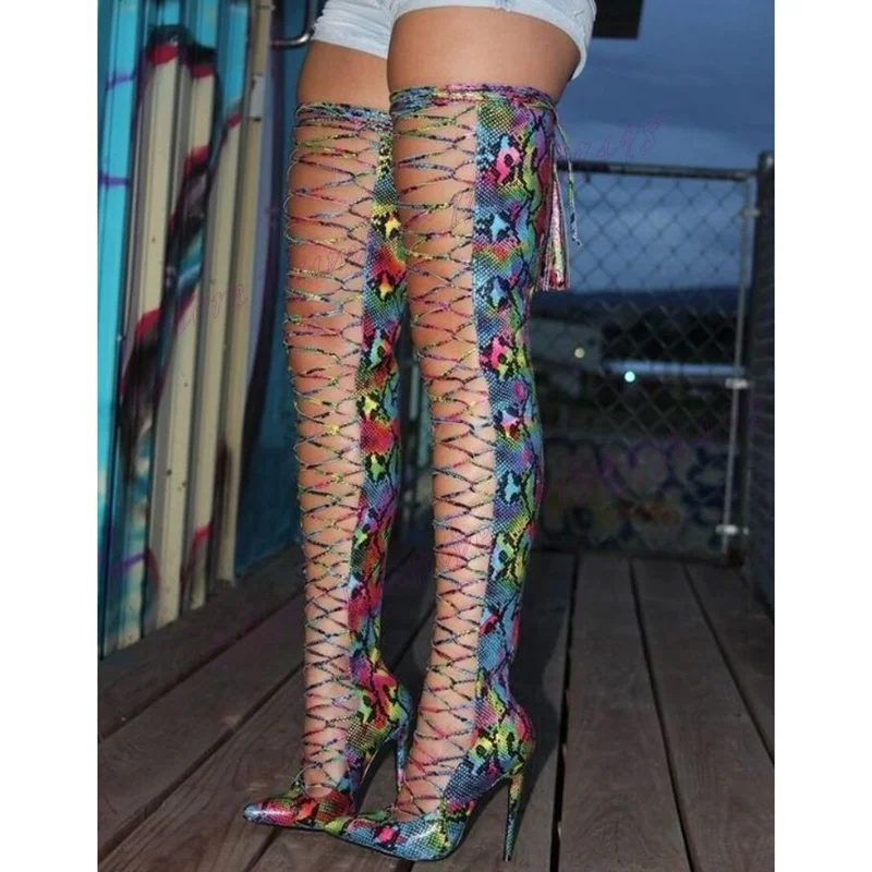 

Snakeskin Cross Strap Cut Out Boots Over The Knee Pointy Toe Shoes for Women Thin High Heels Sexy Shoes 2024 Zapatos Para Mujere